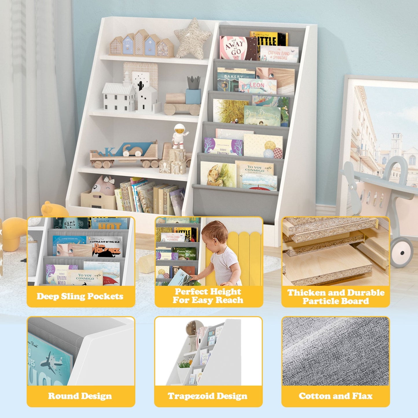 Hironpal Kids Bookshelf, 4 Tier Storage Book Rack and Five Layer Sling Bookshelf for Playroom,White