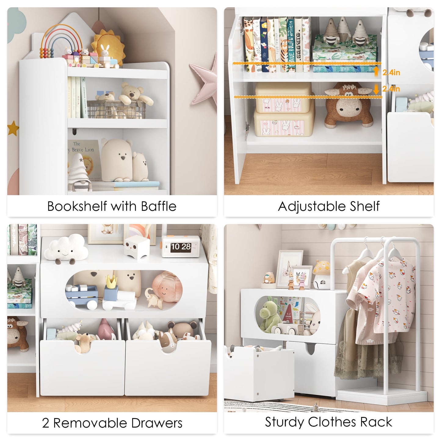 Homfa Kids White Bookshelf and Toys Organizer with Drawers, Combi Toy Storage with Clothes Rail for Kids Room