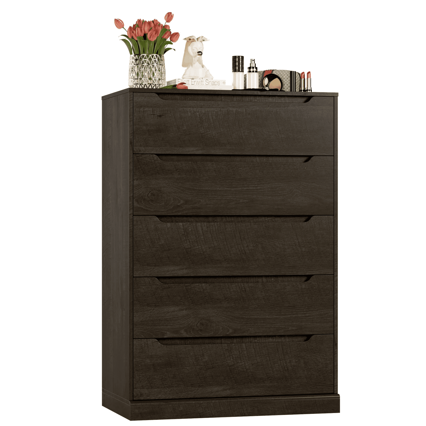 Homfa Vertical 5 Drawer Dresser, Wood Storage Cabinet with Upgraded Stable Base for Bedroom Living Room, Brown