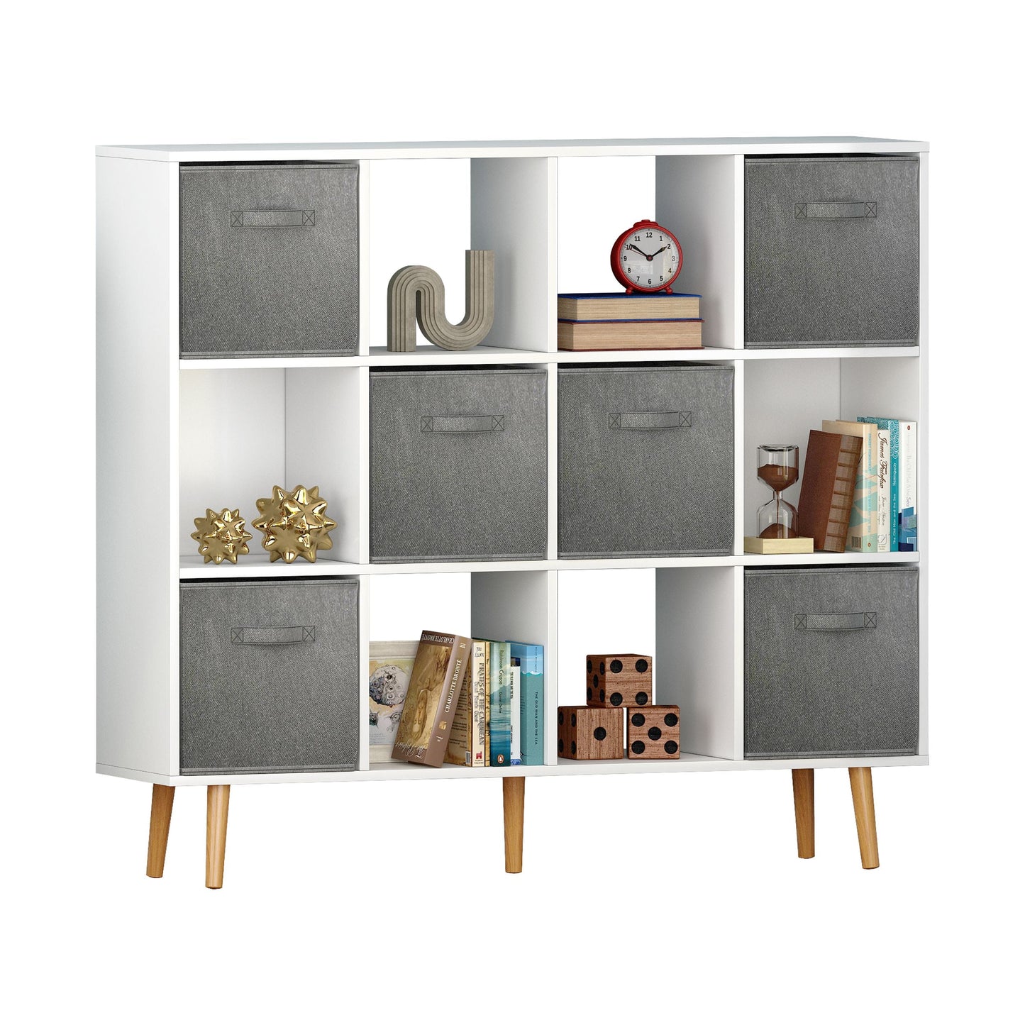 IVV 12-Cube Bookshelf, Freestanding Open Bookcase with 6 Fabric Drawers, Modern Wood Display Shelf for Living Room Study Home Office (White)