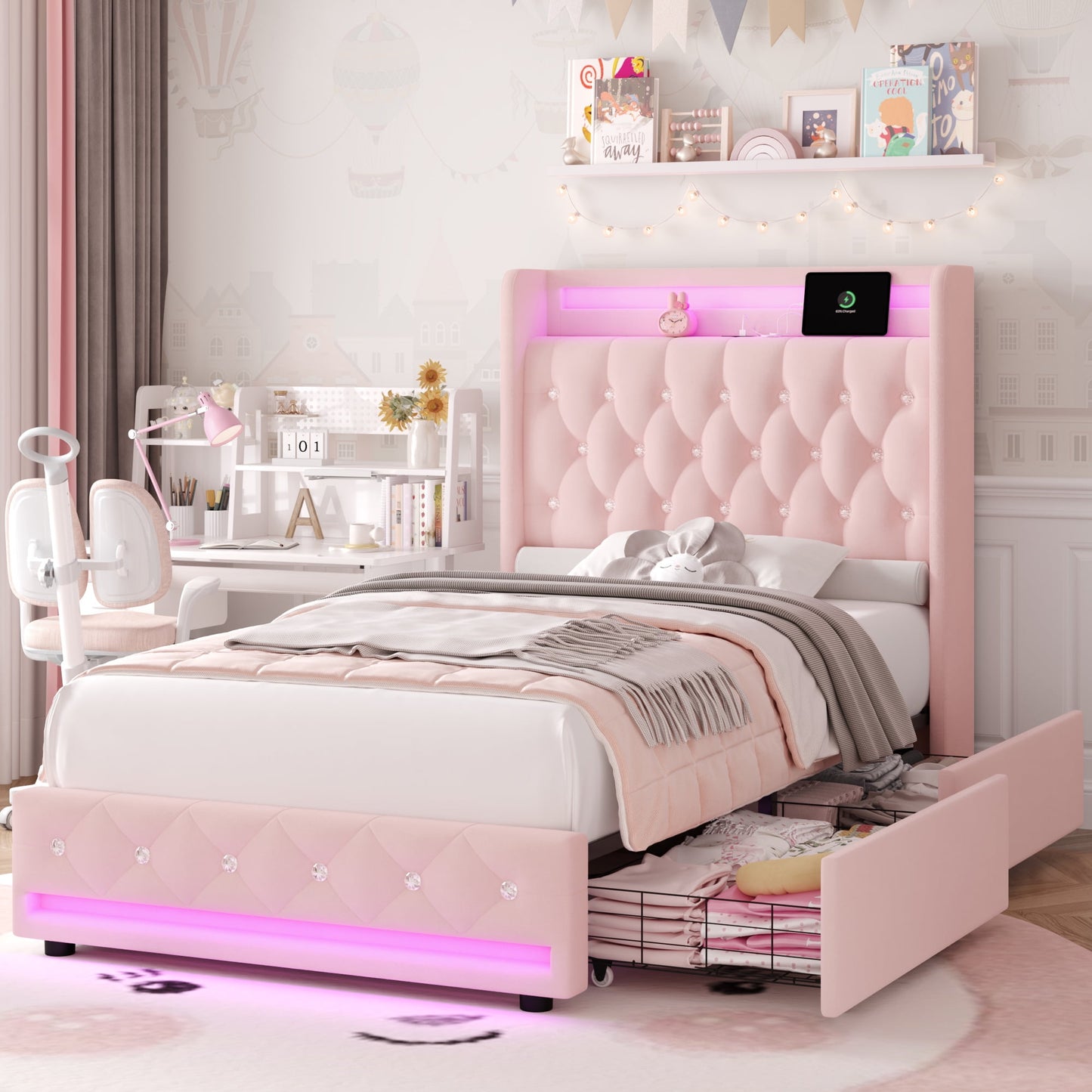Homfa Twin Size LED Bed Frame with Outlets and USB Ports, 4 Storage Drawers Modern Wingback Crystal Button Tufted Velvet Upholstered Platform Bed Frame, Pink