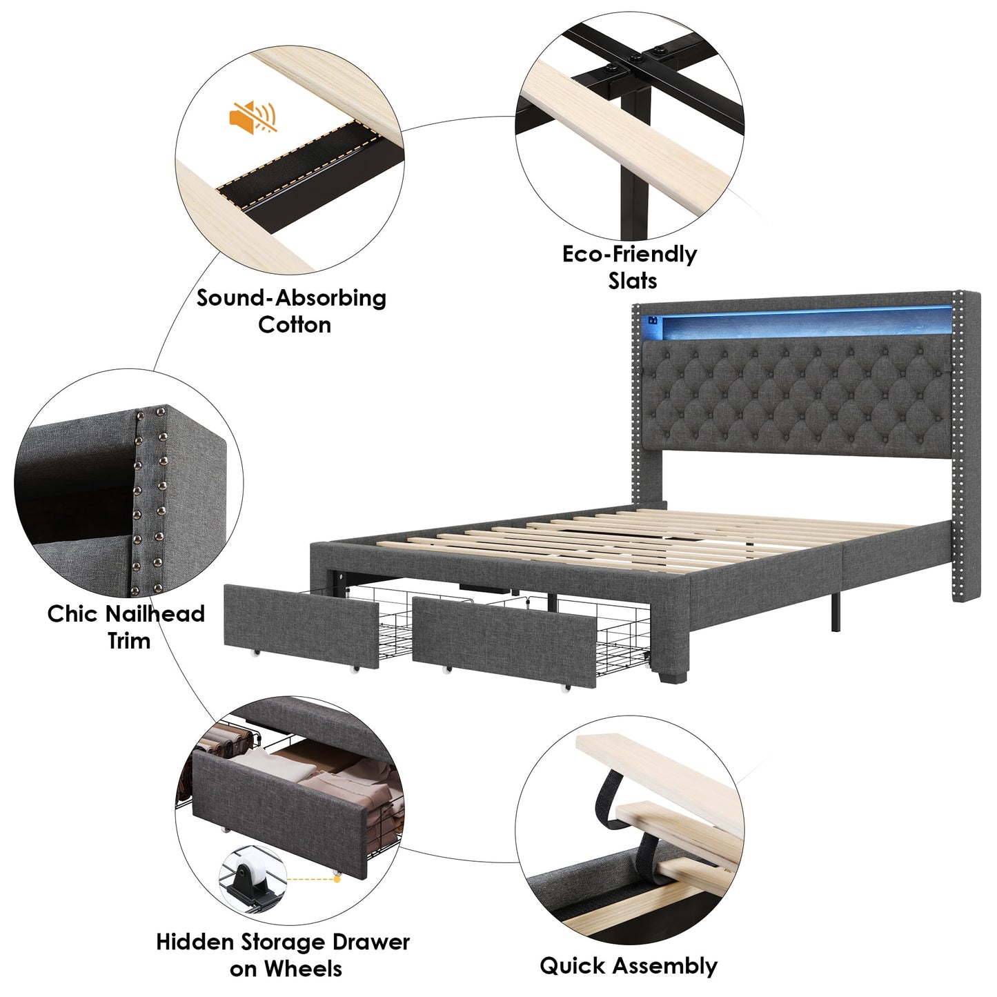 Homfa Queen Size LED Bed Frame with Outlets and USB Ports, Modern Storage Platform Bed with Linen Fabric Button Tufted Upholstered Headboard, Gray