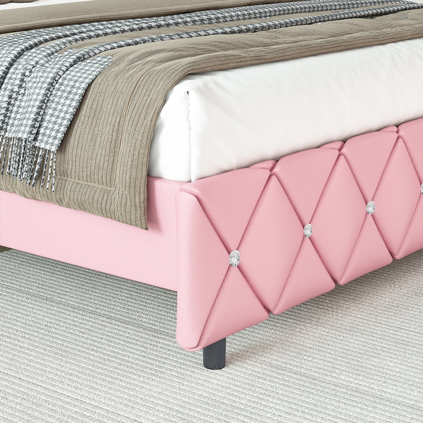 4 EVER WINNER Pink Twin Bed Frame for Kids Girls, Twin Size Bed Frame with Diamond Tufted Headboard and Footboard,Pink