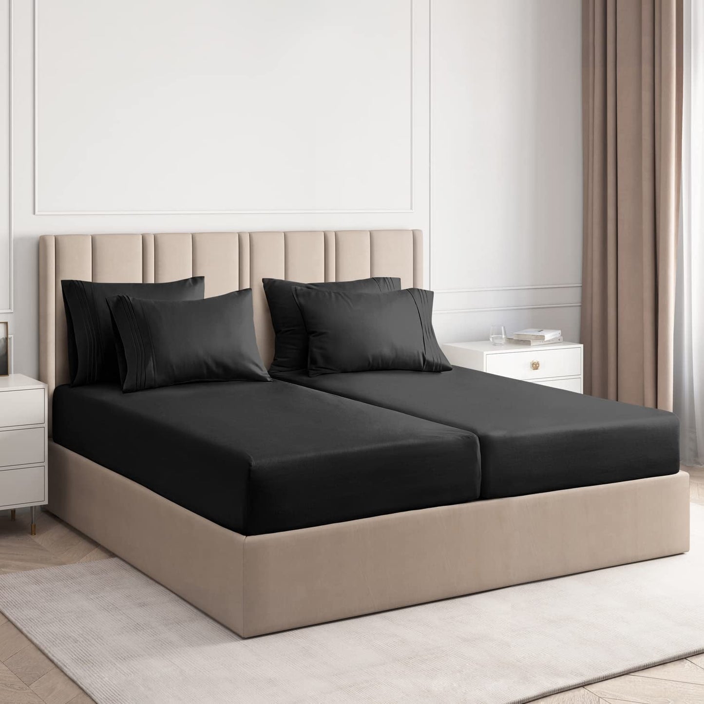 700 Thread Count 5 Piece Split King Sheets Sets Set ( 2- Twin XL Fitted Sheets 1-Flat sheet and 2-Pillow covers ) with 21in deep pocket for Adjustable Bed Color Black Solid