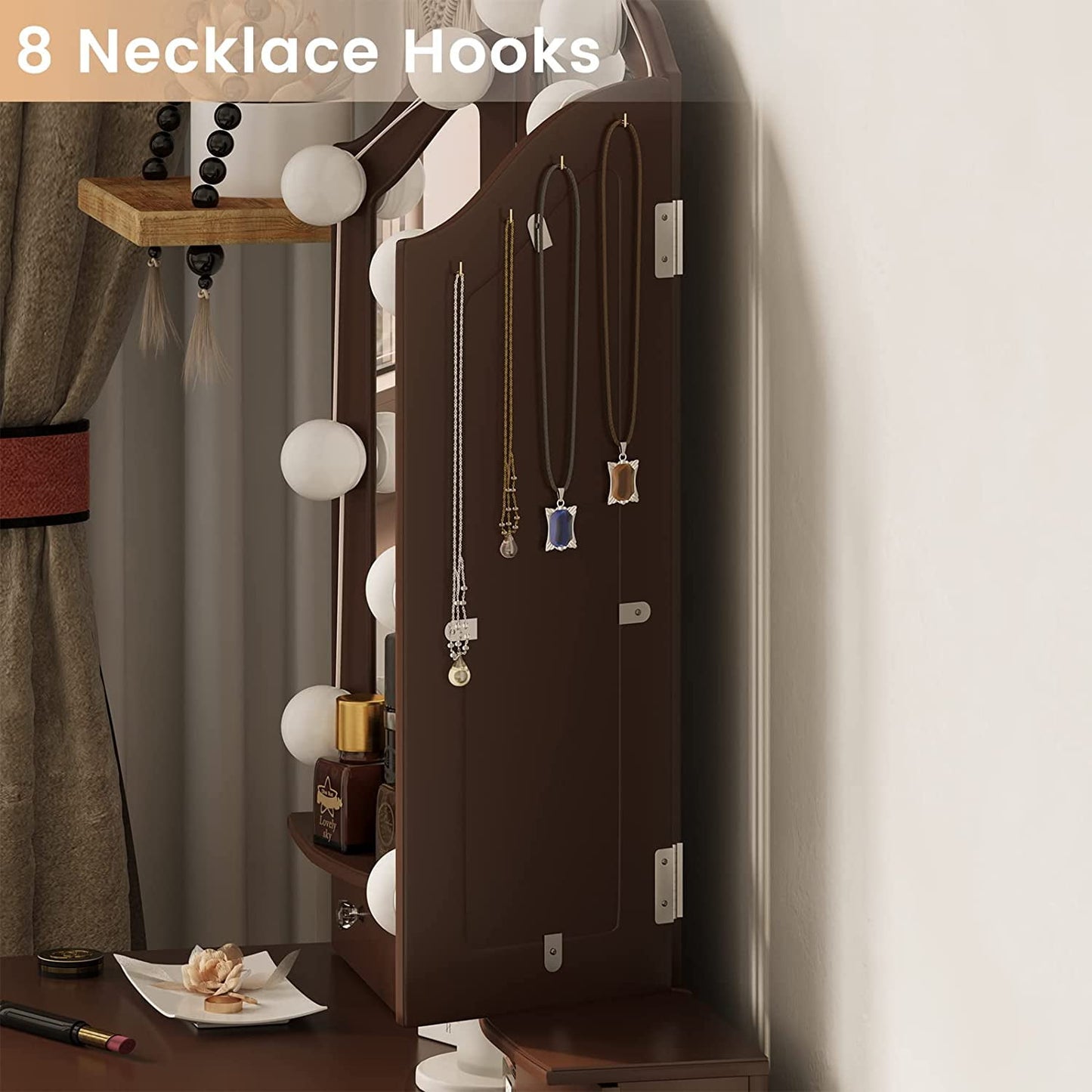 Afuhokles Vanity Table Set with Tri-Folding Mirror 10 LED Light 5 Drawers, Brown