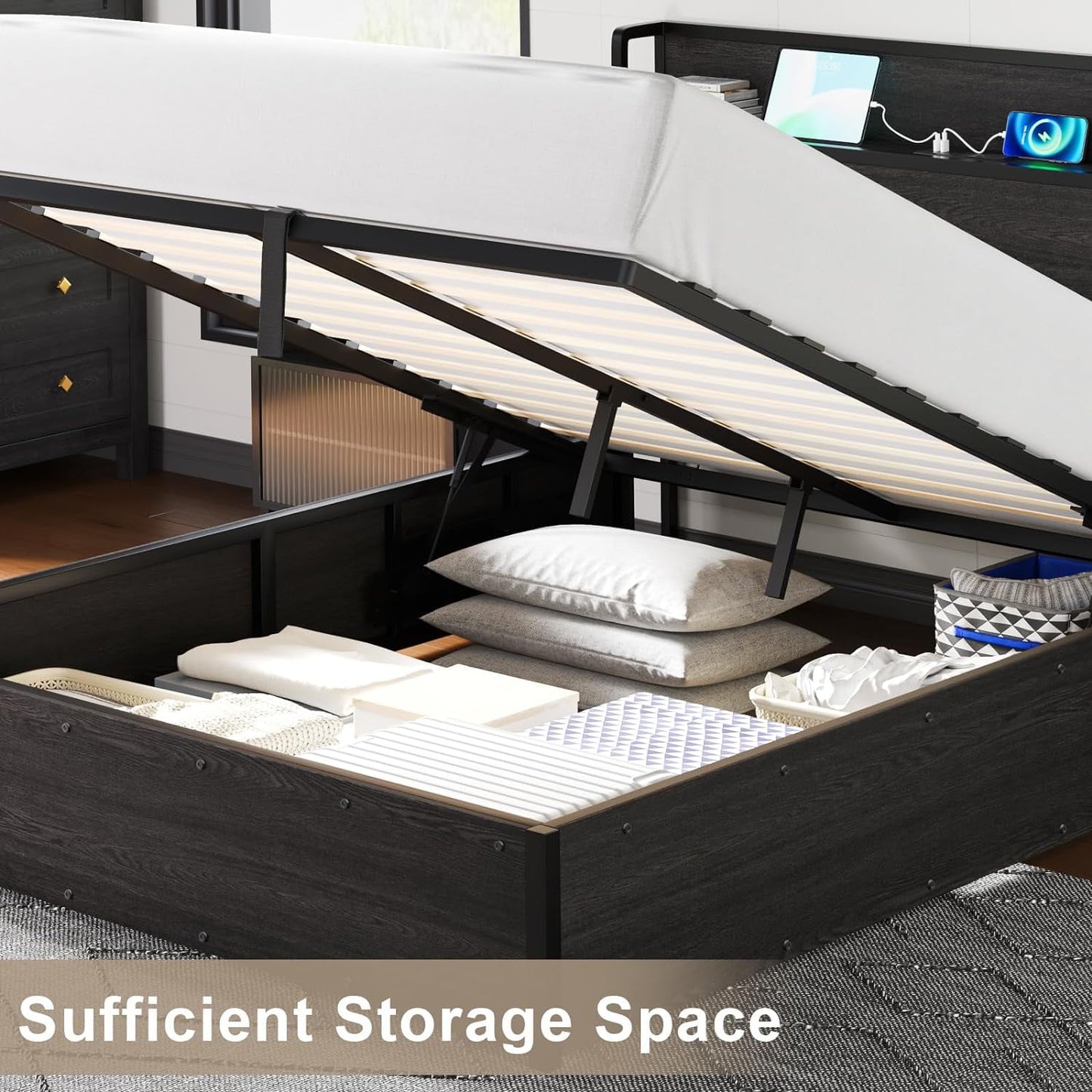 AMERLIFE Queen Size Lift Up Storage Bed Frame, Wooden Platform Bed Frame with Lifting Storage & Charging Station, No Spring Box Needed/Noise Free, Black