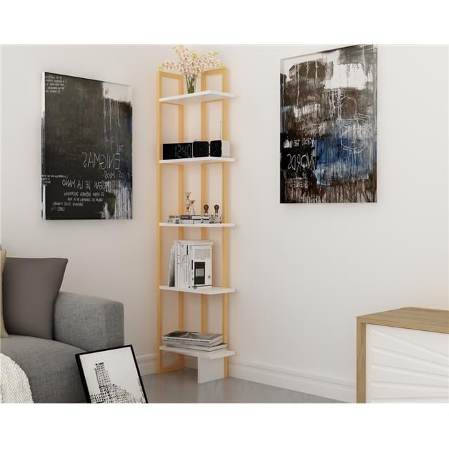 71 in. Alice Industrial Corner Unit Bookcase - Gold & White