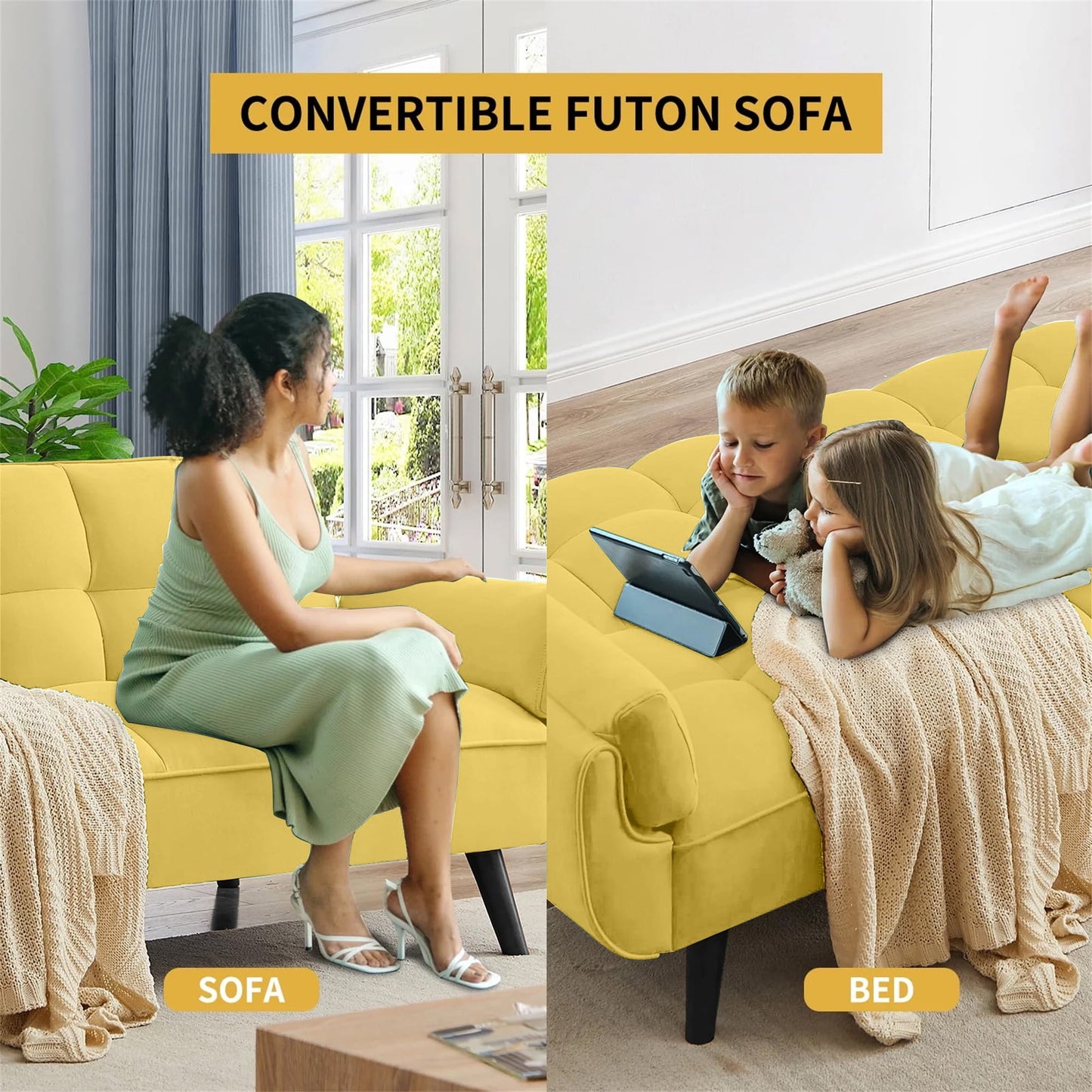 Aukfa 74in Flared Arm Futon Convertible Sofa Bed, Curved Sleeper Sofa for Home Office, Velvet, Yellow