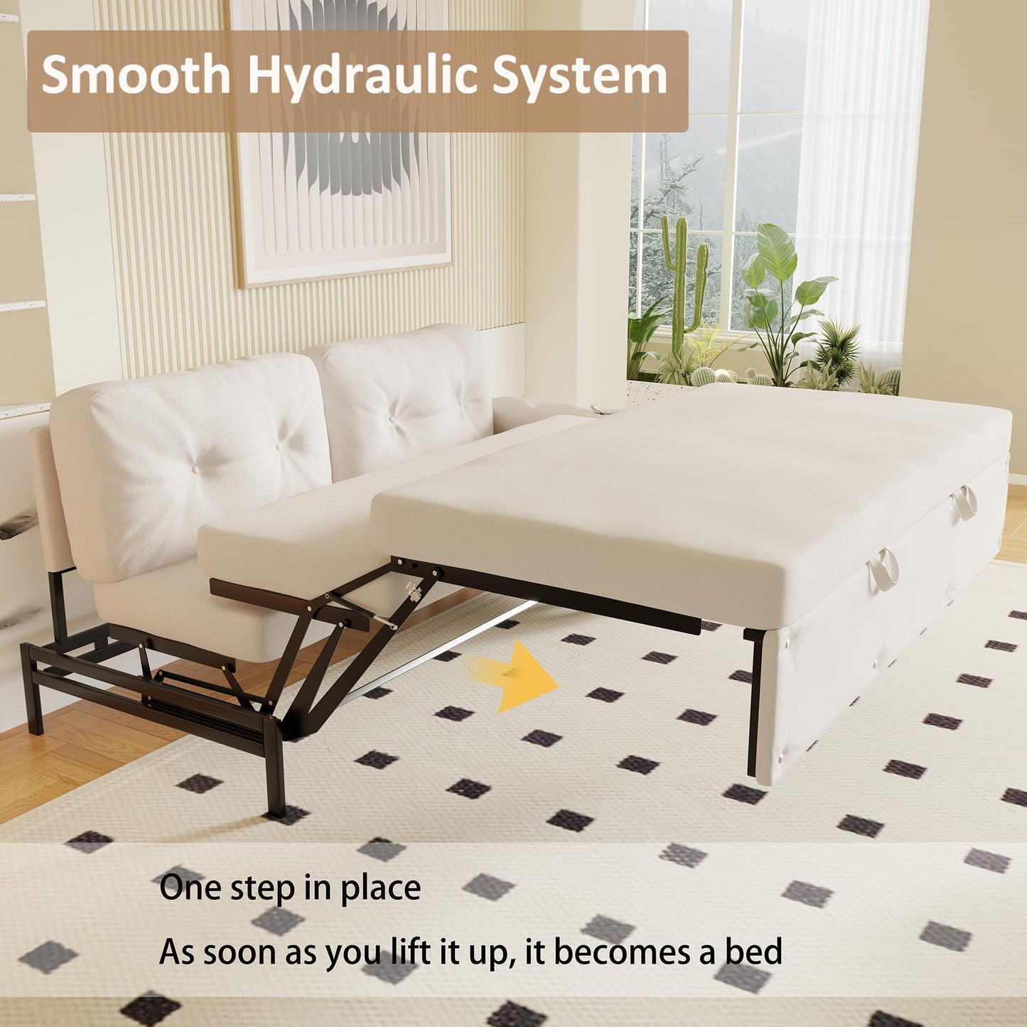 66.2in Sleep Sofa Bed Queen Size, Hydraulic System Pull Out Couch Bed, Sleeper Sofa Loveseat with 2 Pillows, Modern Velvet Upholstered Couch for Living Room, Small Space, Apartment, Bedroom, Black