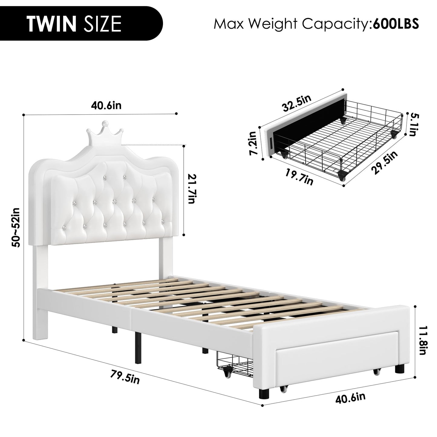 Homfa Twin Size LED Bed Frame with Storage Drawer, PU Leather Crown Platform Bed with Crystal Tufted Upholstered Adjustable Headboard, White
