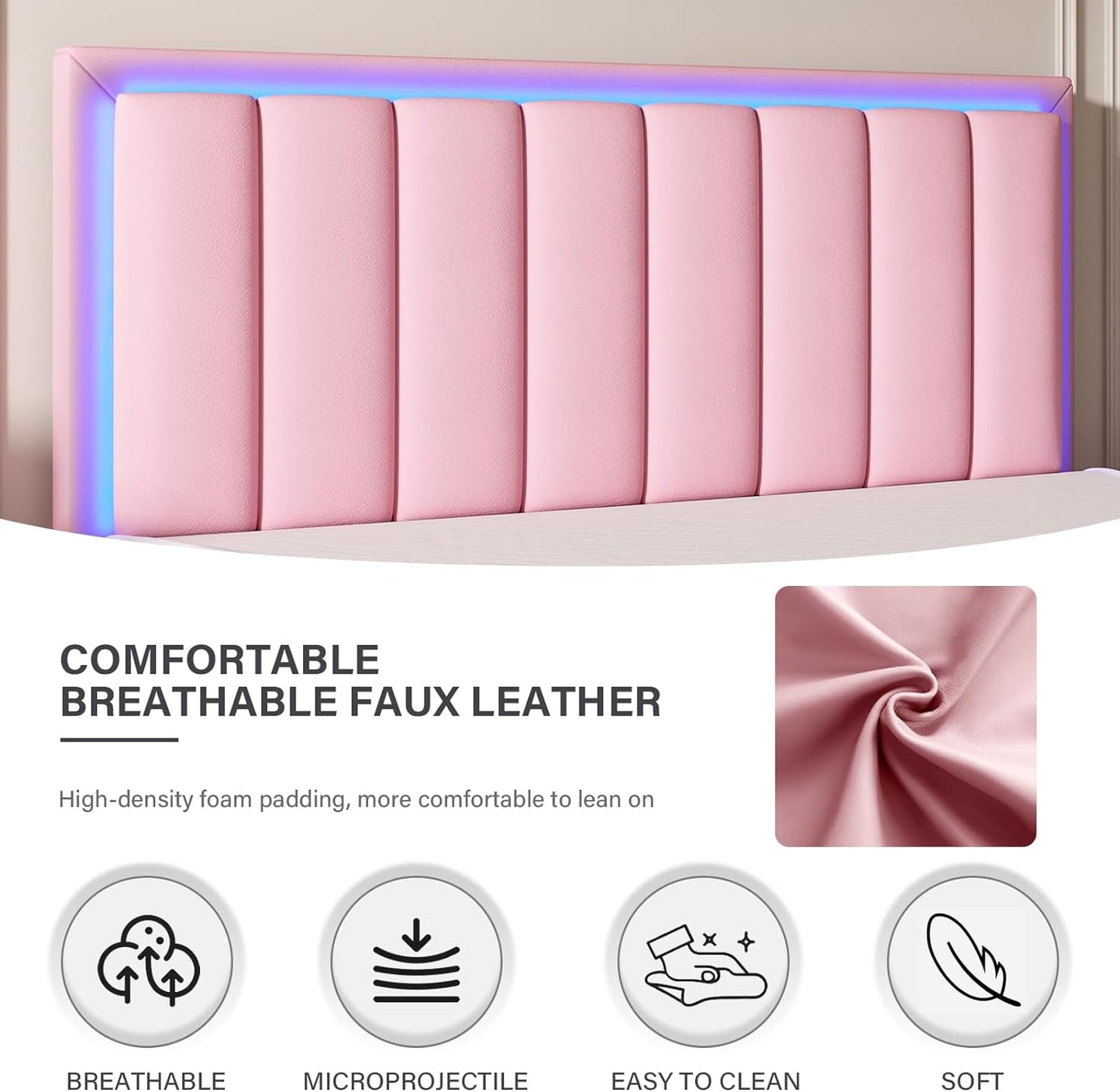 4 EVER WINNER Full Size LED Bed Frame, Pink Full Bed Frame with LED Light Headboard, Pink Bed Frame for Grils, Pink