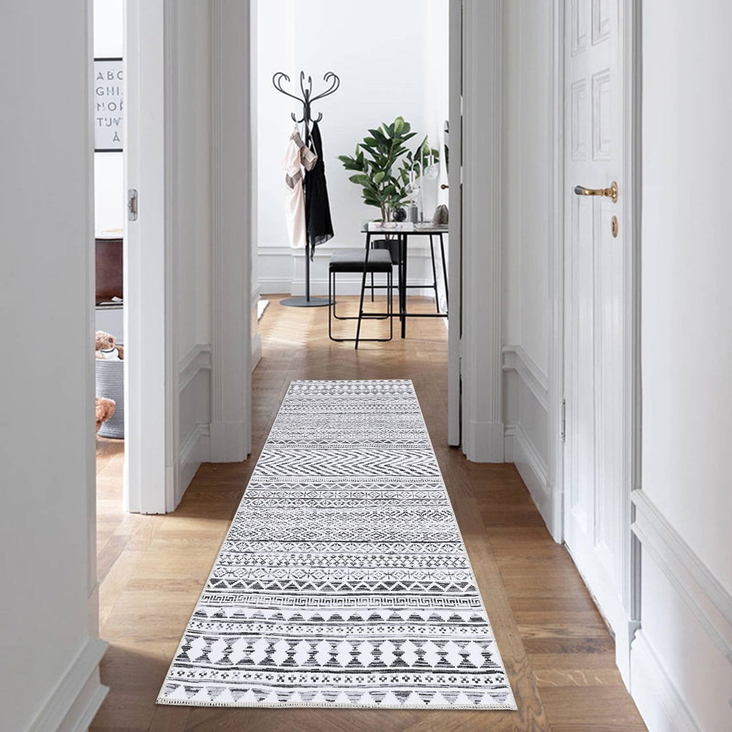 Haperlare Runner Rug 2 x 10 Ft Boho Area Rug Geometric Floor Mat for Living Room Bedroom Home Decor Foldable Chenille Floor Rug Washable Door Mat, Gray/White