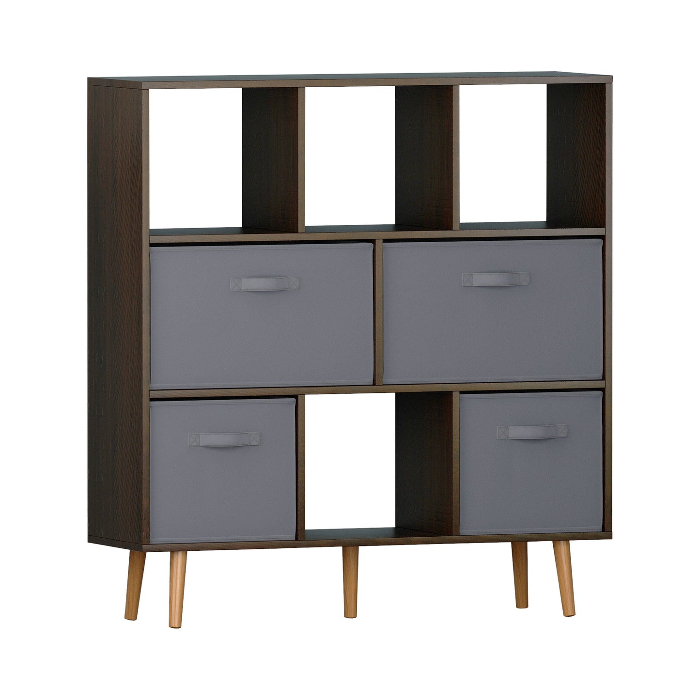 IVV Wooden Open Shelf Bookcase, Modern Minimalist Bookcase, 8 Cube Open Book Shelves Storage Organizer with 4 Fabric Drawers, Freestanding Display Bookcases for Small Space (Brown)