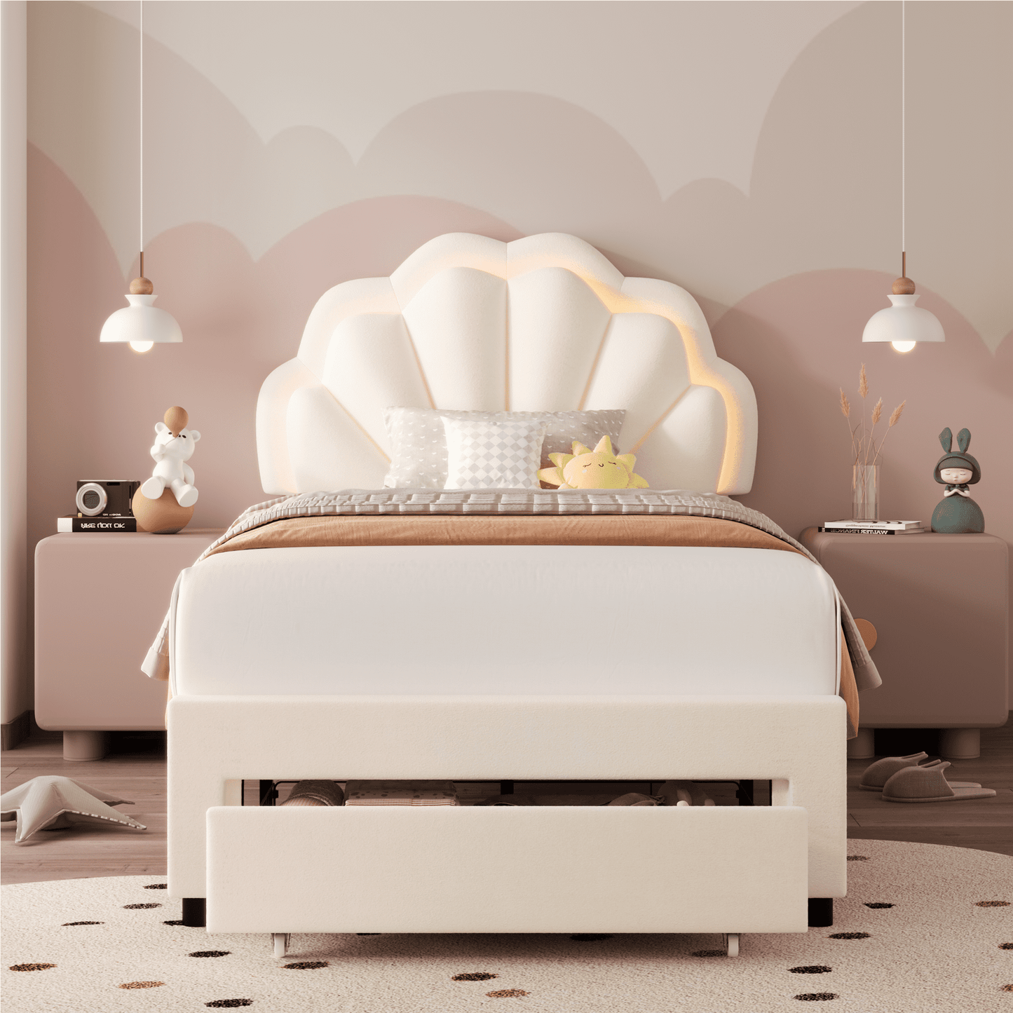 Homfa Twin Size LED Bed Frame with Drawer, Velvet Upholstered Platform Bed with Adjustable Petal Headboard for Kid, Beige