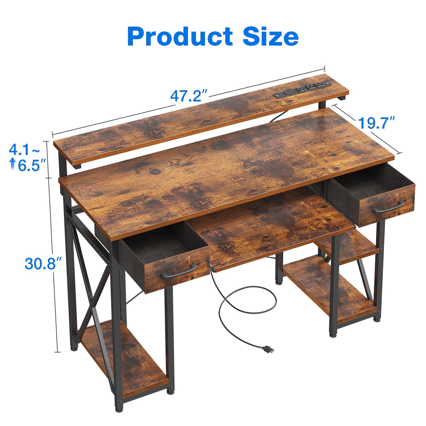 KKL 48 inch Height Adjustable Home Office Desk with USB Charging Port & Keyboard Tray, Writing Desk with Drawers