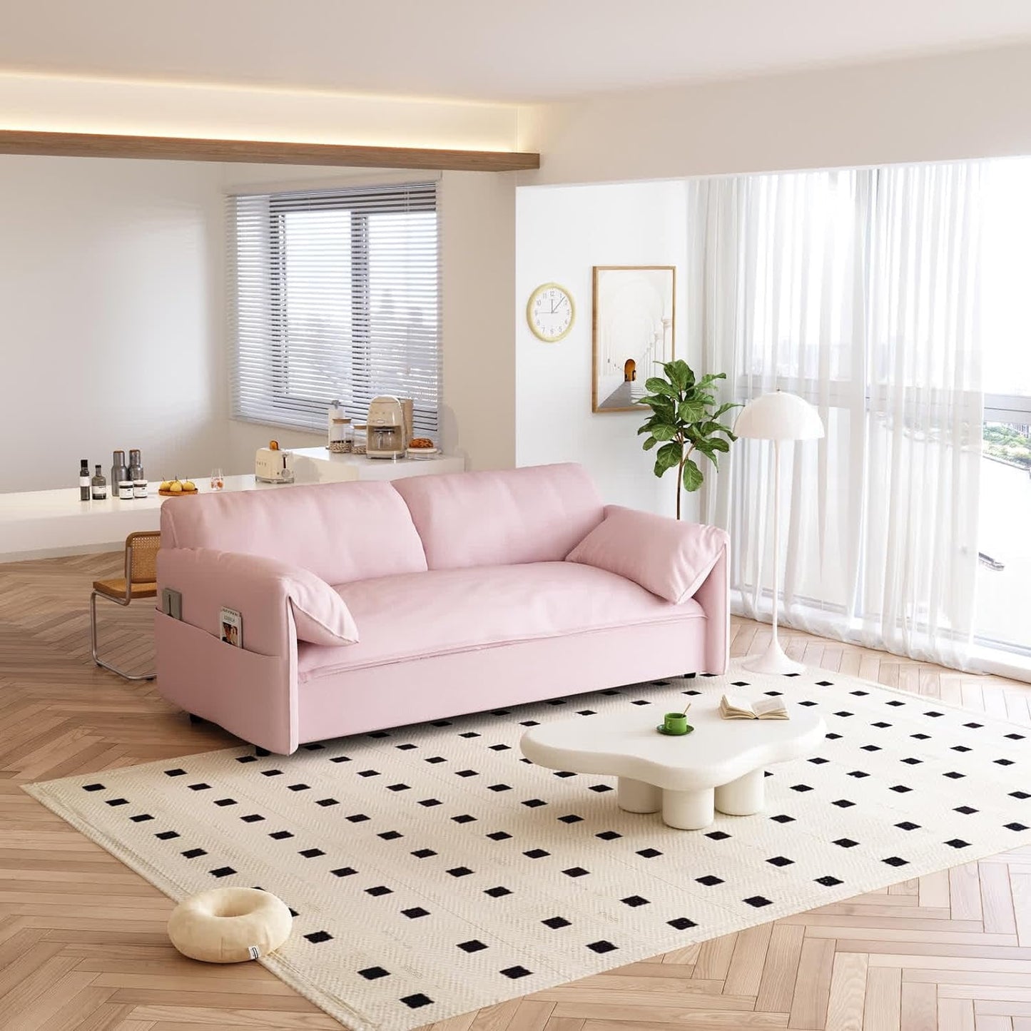 63.8in Sofa Bed Queen Size, Pull Out Couch Bed, 3-in-1 Convertible Sleeper Sofa with Side Pocket, Modern Velvet Futon Couch for Living Room, Small Space, Apartment, Bedroom, Pink