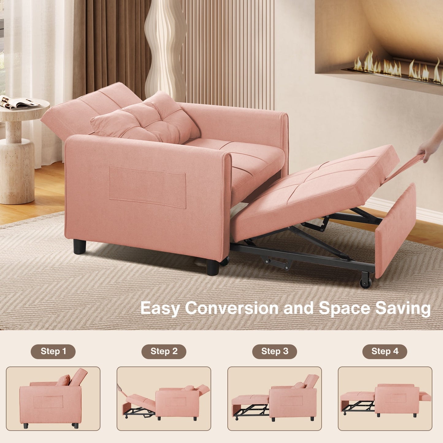 3 in 1 Convertible Chair Bed,Lofka Lounger Sleeper Chair Bed, Linen Sofa Bed Sleeper Armchair,Dream Pink