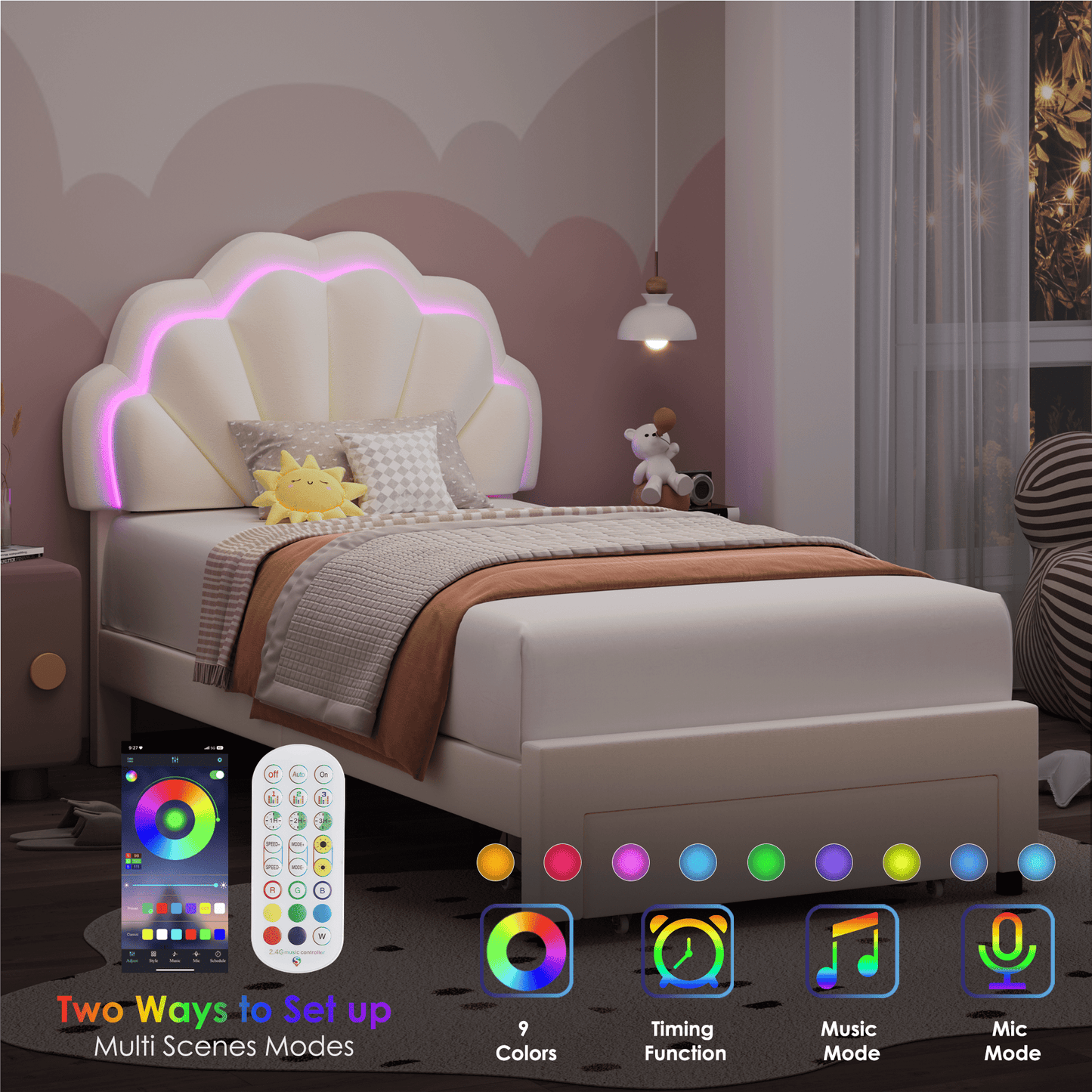 Homfa Twin Size LED Bed Frame with Drawer, Velvet Upholstered Platform Bed with Adjustable Petal Headboard for Kid, Beige