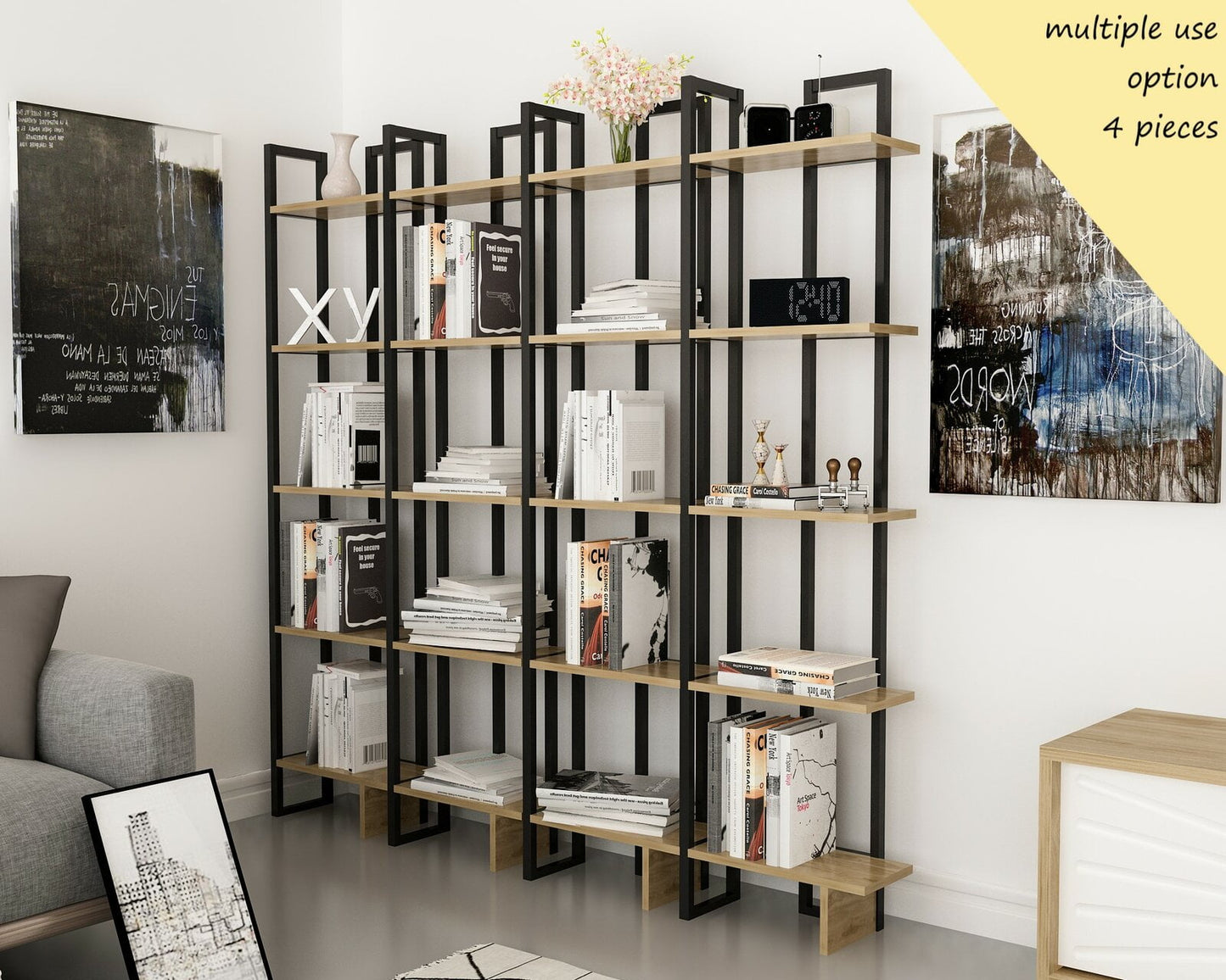 Alice 71in 5-Shelf Corner Bookcase, Black Oud