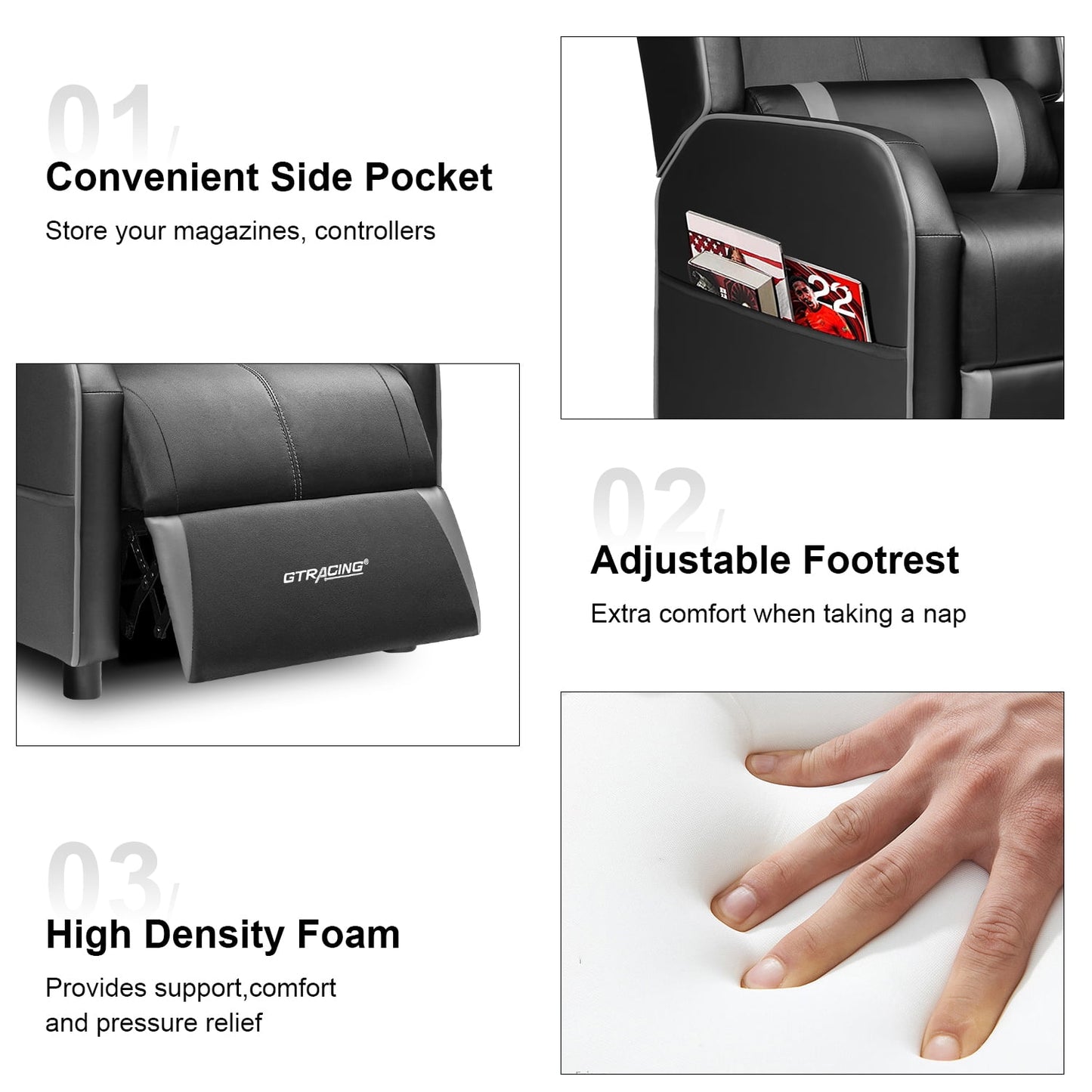 GTRACING Gaming Recliner Chair Bluetooth Speakers Footrest Racing Style Single Living Room Sofa PU Leather Home Theater Seating Massage Lumbar Support, Red