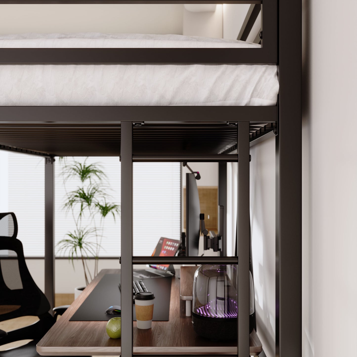 Sifurni Black Heavy Duty Twin Size Metal Loft Bed with Full-Length Guardrail & Removable Stairs