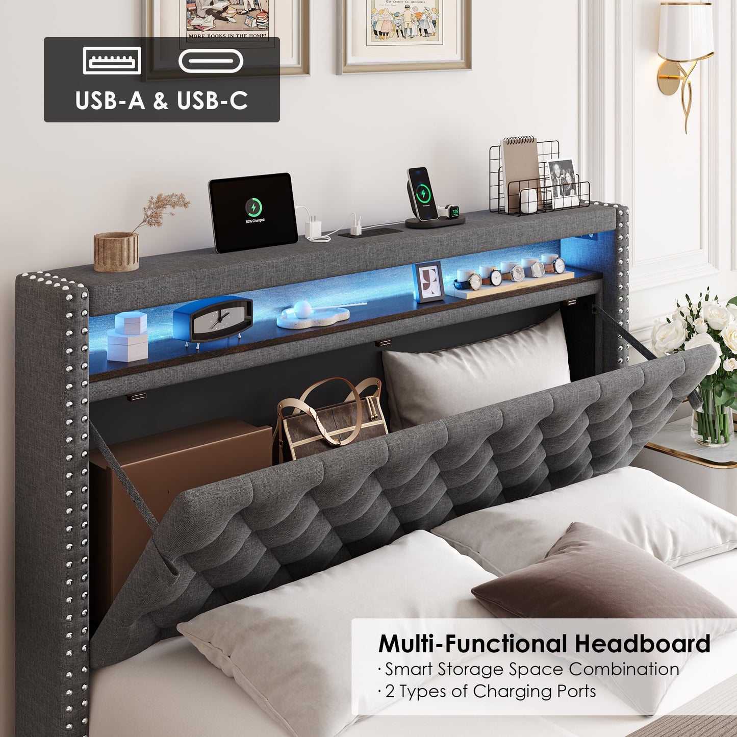 Homfa Full Size LED Bed Frame with Outlets and USB Ports, Modern Storage Platform Bed with Fabric Button Tufted Upholstered Headboard, Gray