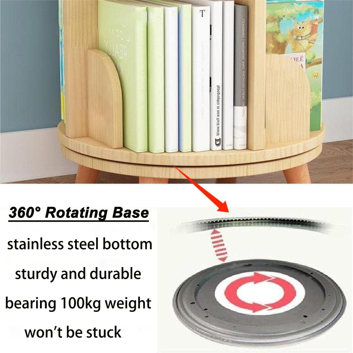 4 Tier Rotating Bookshelf with Legs, Floor Standing Bookshelf Stackable Bookshelf Wood Bookcase Storage 360 Display Book Shelf for Living Room Bedroom