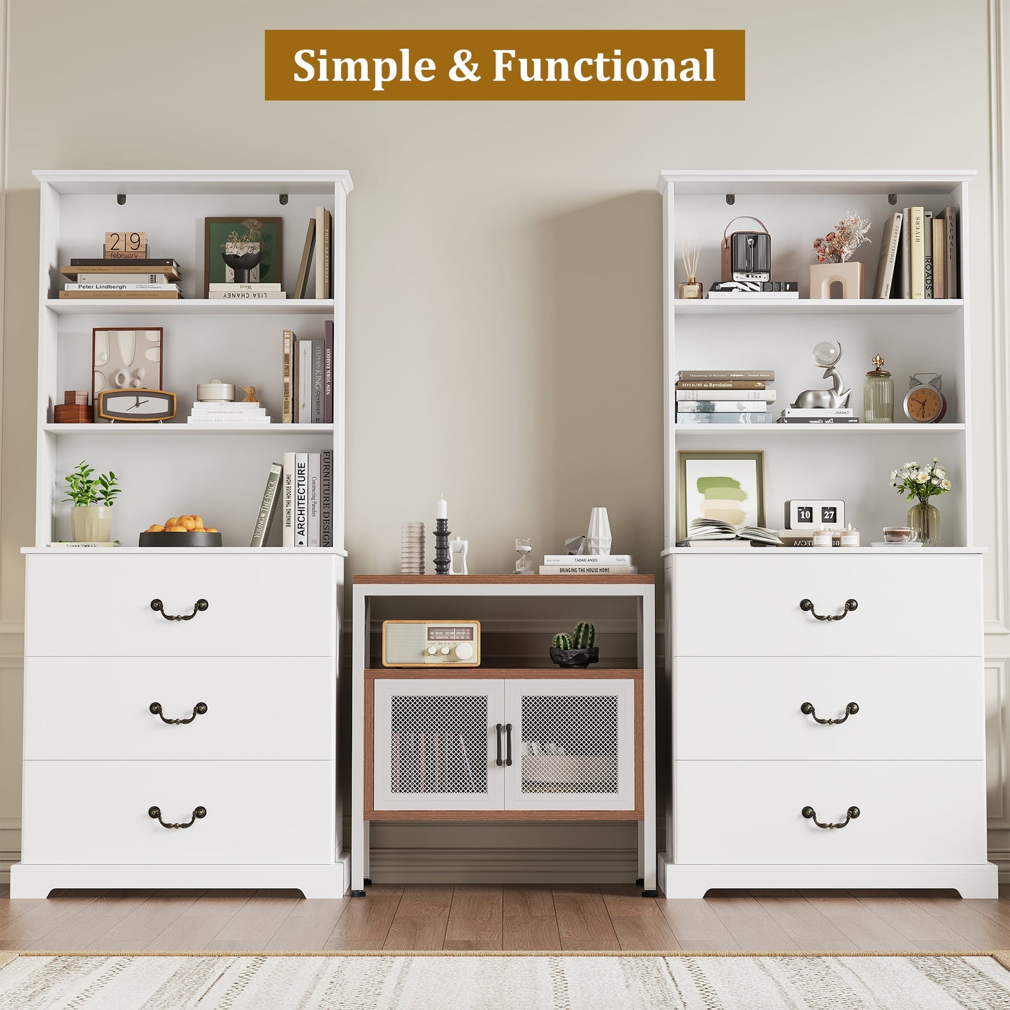 Homfa Bookcases Floor Standing 3 Shelf Display Storage Shelves with 3 Drawers, 71 in Tall Bookcase for Home Office, Living Room, Bed Room, White