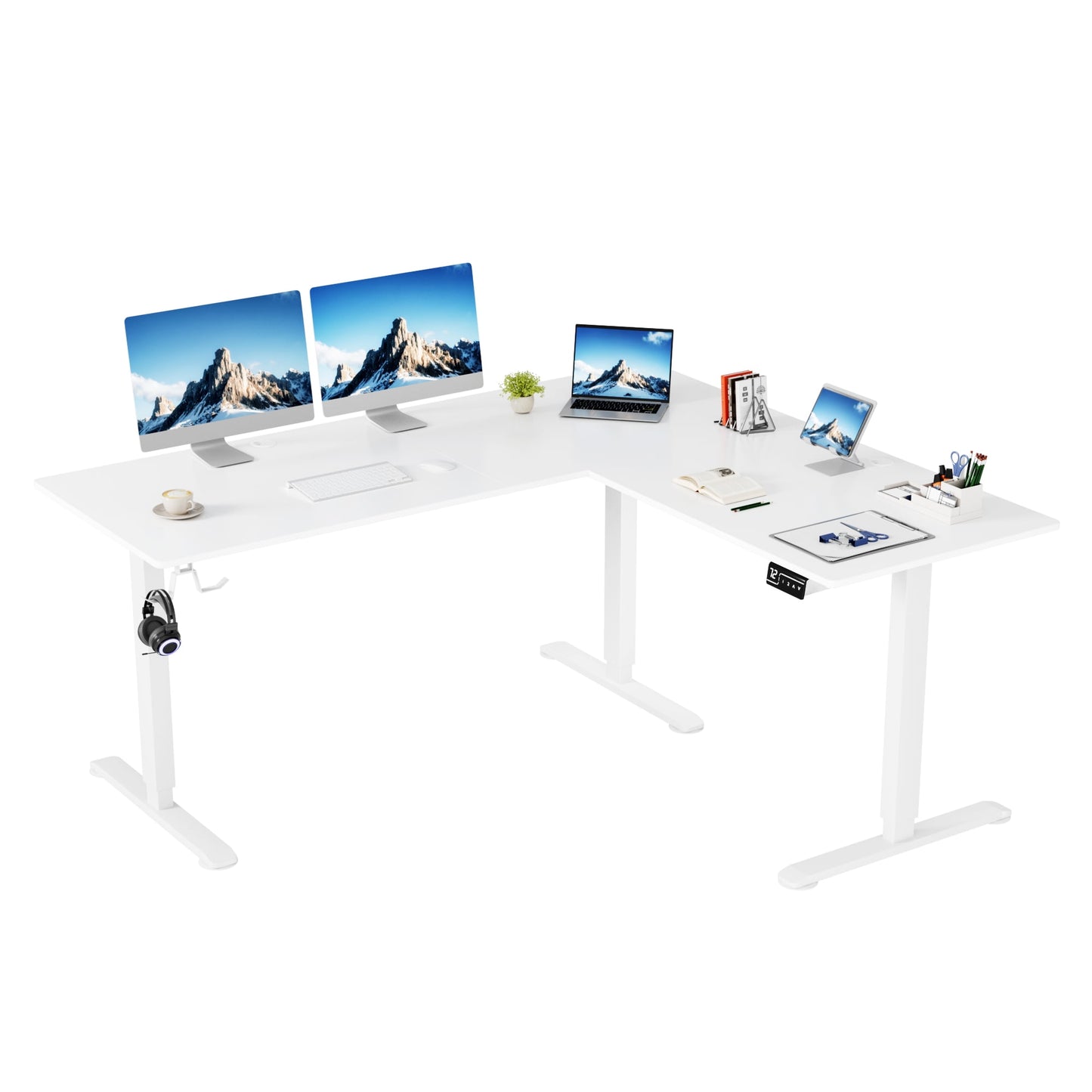 Homall 63in Wide L-shaped Electric Sit-Stand Desk Lifting Range 28~46in Height Gear Memory Ergonomics Standing Desk Height Adjustable Computer Desk, White