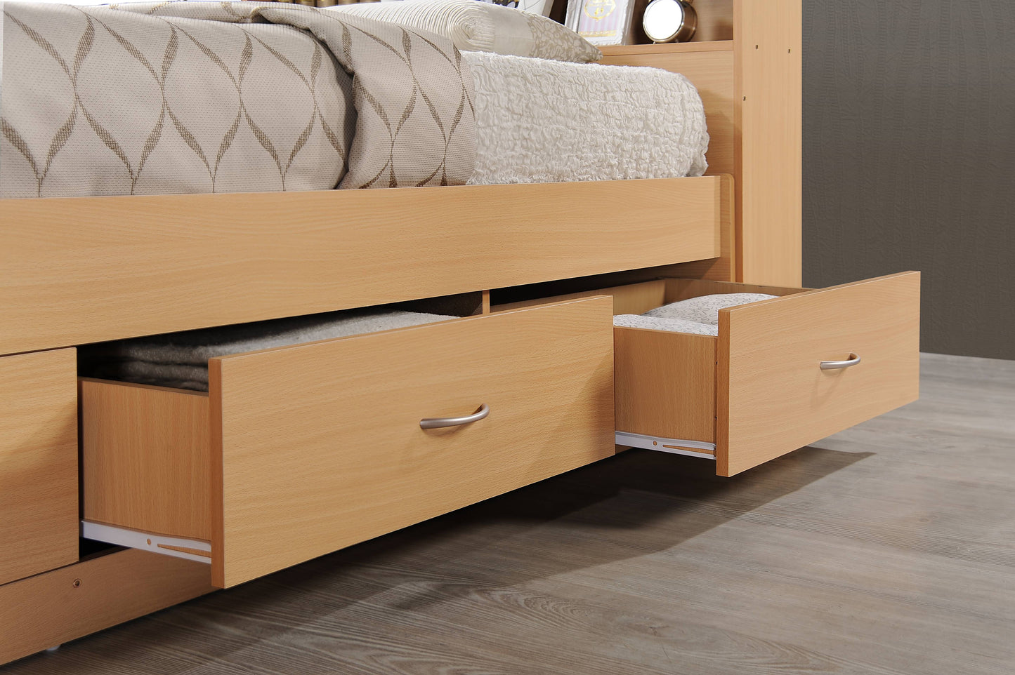 Hodedah Twin-Size Captain Bed with 3-Drawers and Headboard in Beech