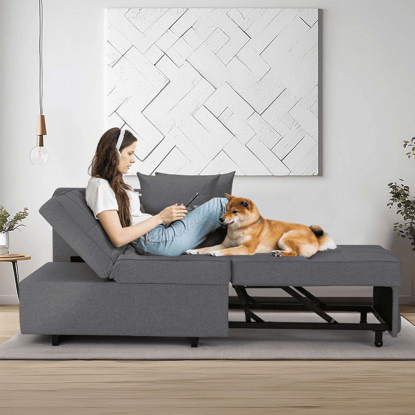 Hommow 3-in-1 Sleeper Sofa Chair Bed , 5-position Adjustable Backrest Pull Out Sofa Bed with Faux Linen Sofa Fabric, Fold Out Chair Bed for Living Rooms, Apartments, Small Rooms, Dark Gray