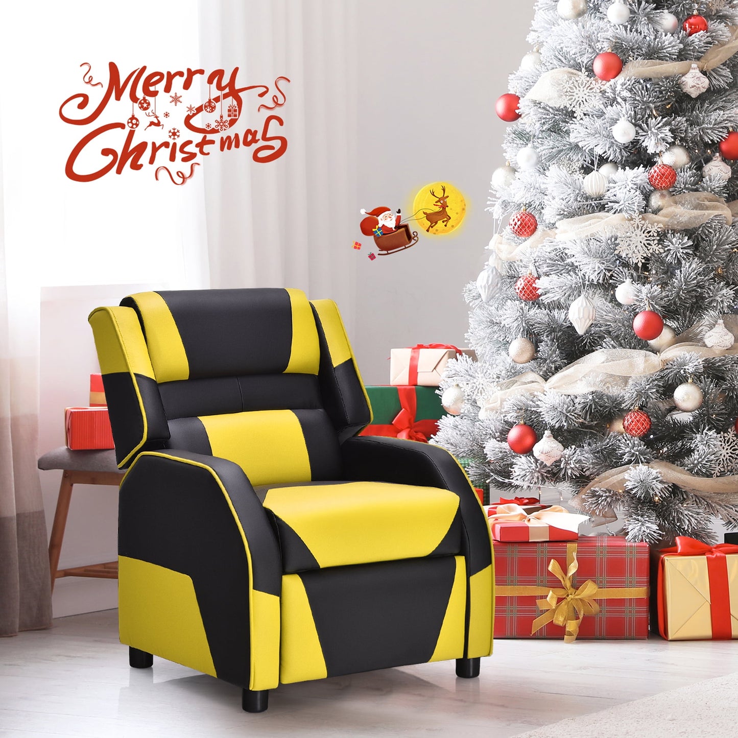 Gymax Gaming Recliner Sofa PU Leather Armchair for Kids Youth w/ Footrest Yellow