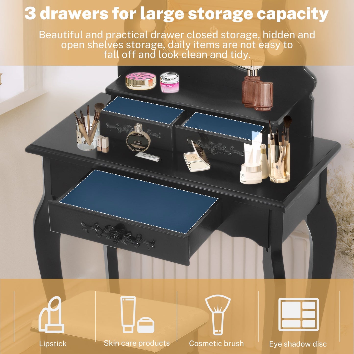 HSUNNS Modern Vanity Set, 4 Drawers Makeup Desk with Cushion Stool & Storage Shelves, Sliding Mirror, Black