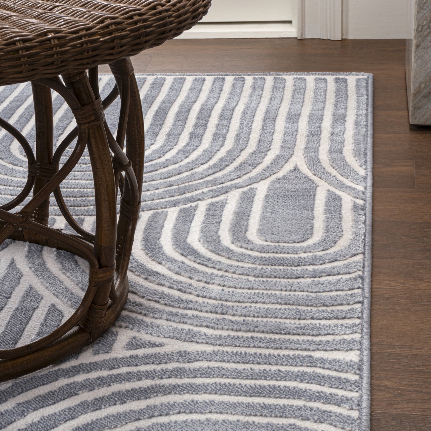 Ariana MidCentury Art Deco Striped Arches Two-Tone High-Low Blue/White 2 ft. x 8 ft. Runner Rug
