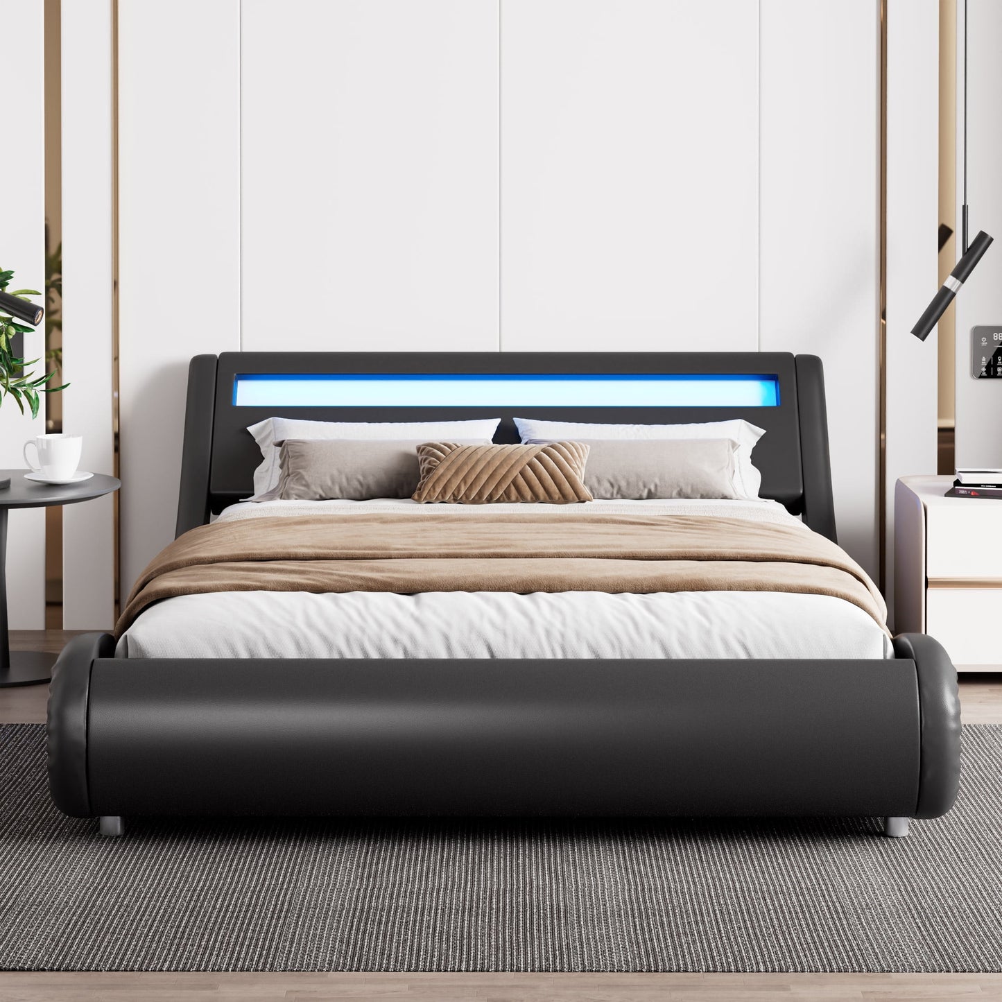 Amolife Queen Size Wave-Like Curve Deluxe Upholstered Modern Bed Frame with LED Headboard, Dark Gray