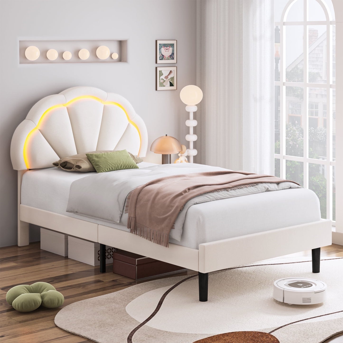 Homfa Modern Twin Size Velvet LED Bed Frame with Adjustable Headboard, Off-White