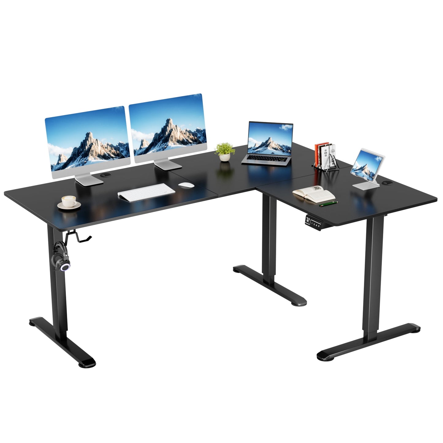 Homall 63in Wide L-shaped Electric Sit-Stand Desk Lifting Range 28~46in Height Gear Memory Ergonomics Standing Desk Height Adjustable Computer Desk, Black