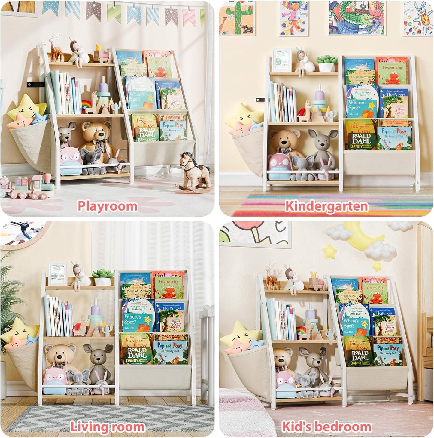 3 Tier Kids Bookshelf and Toy Storage, Kids Book Sling Shelf, Montessori Baby Toddler Bookshelf for Kids, Kids Bookcase, Toy Storage Organizer, for Playroom, Bedroom, Nursery (White)