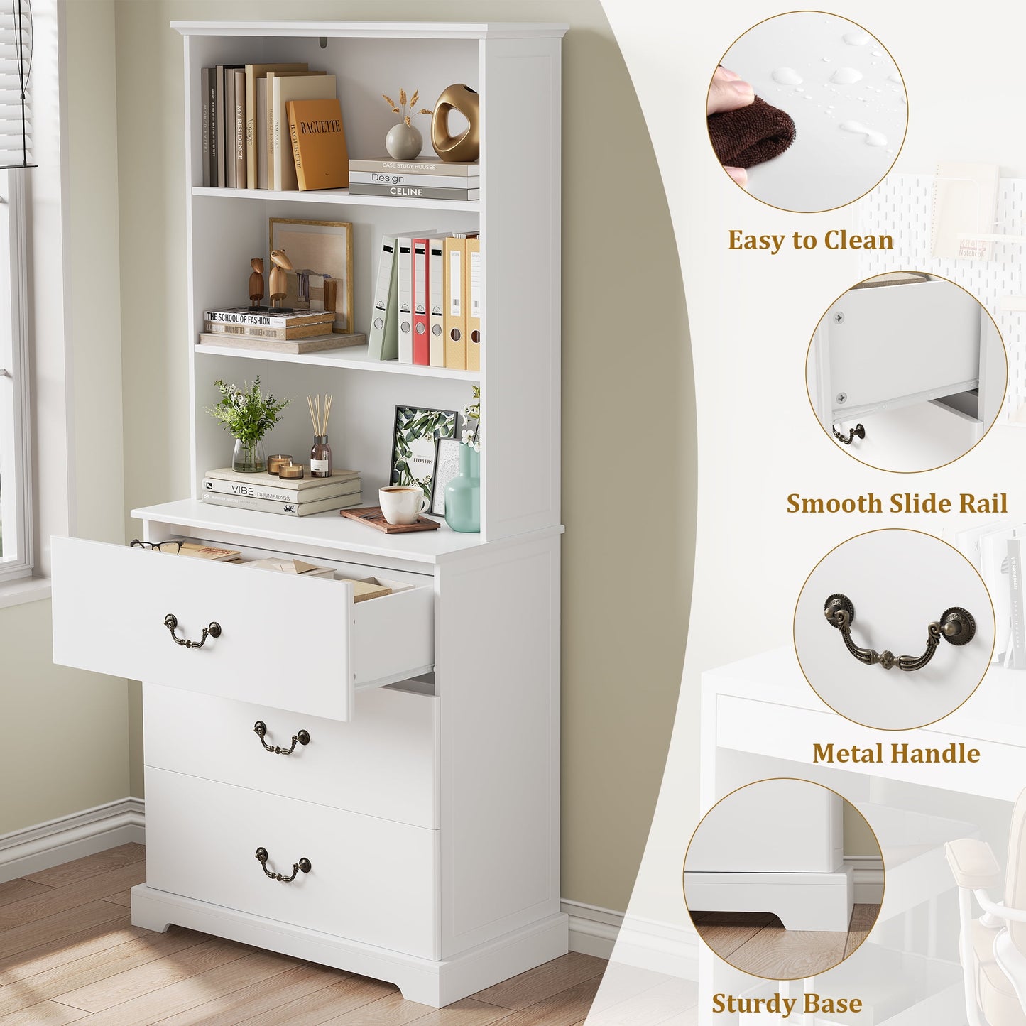 Homfa Bookcases Floor Standing 3 Shelf Display Storage Shelves with 3 Drawers, 71 in Tall Bookcase for Home Office, Living Room, Bed Room, White