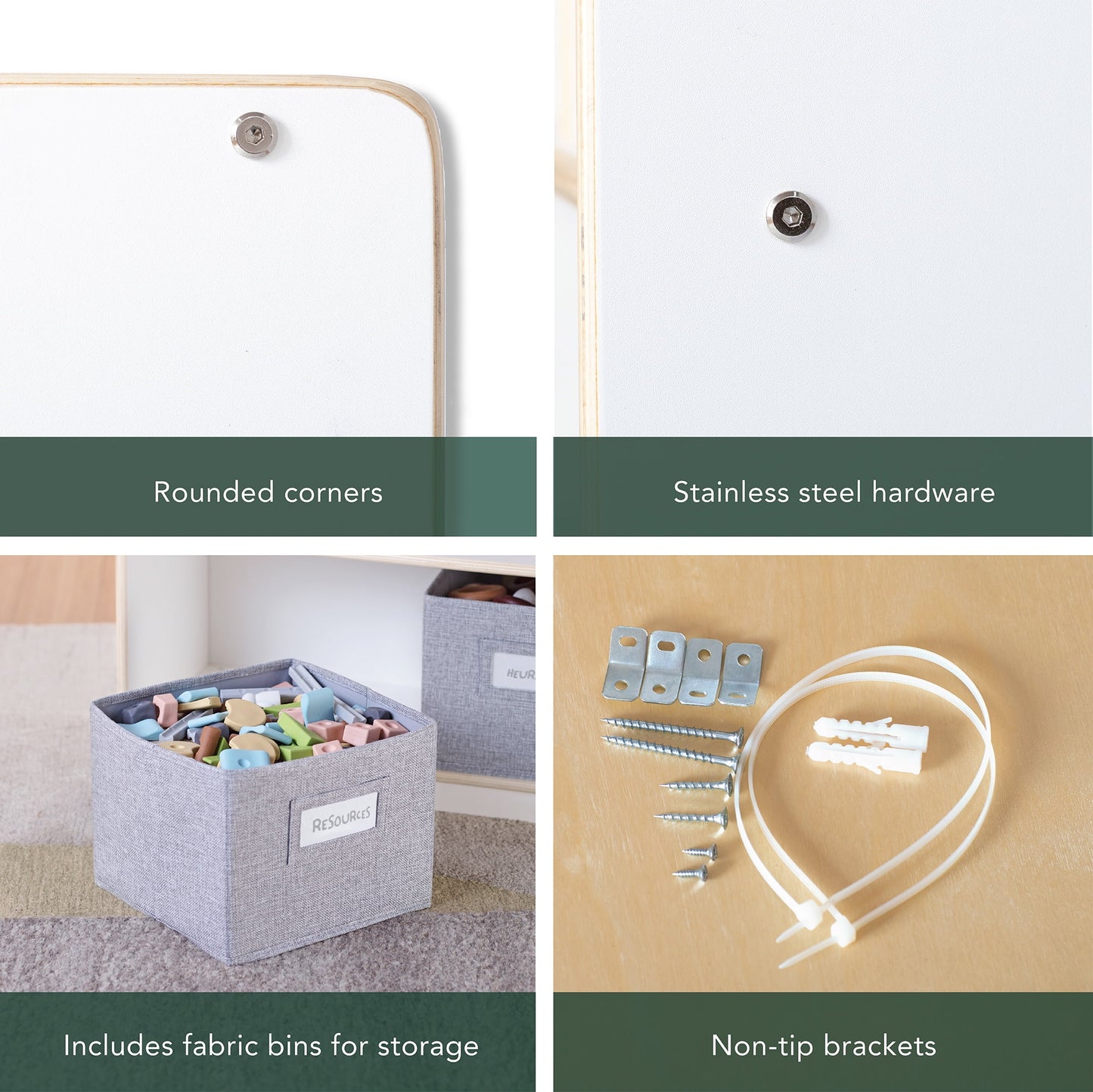 Guidecraft EdQ 3-Shelf 8-Compartment Storage 36in - White: Wooden Playroom Furniture with Cubbies and Bins for Kids Books and Toys