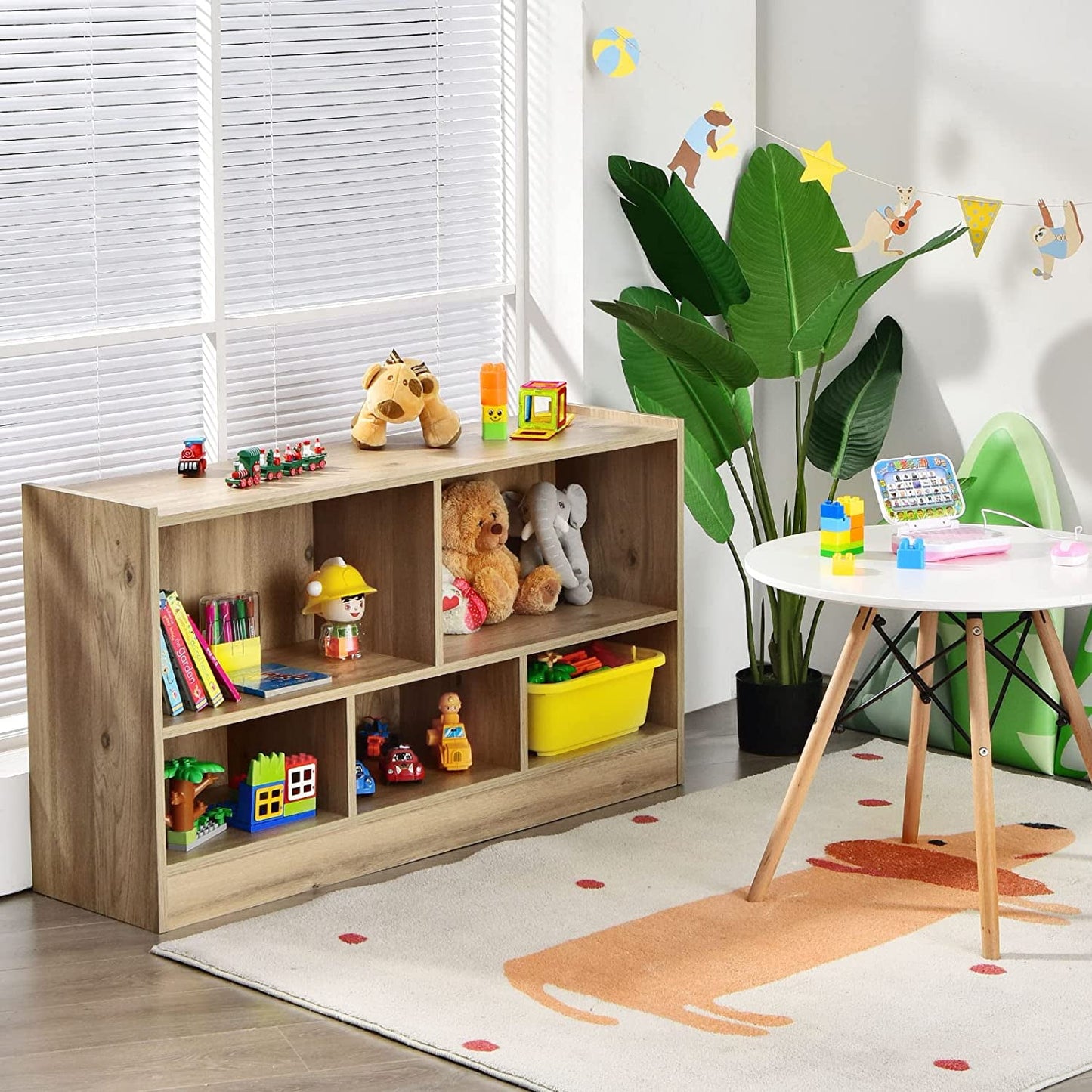 HONEY JOY Kids Toy Storage Organizer, 5-Section Storage Daycare Shelf for Preschool, Children 2-Tier Open Wooden Display Book Shelf Organizer for Classroom, Playroom & Nursery, Kindergarten(Dark Gray)