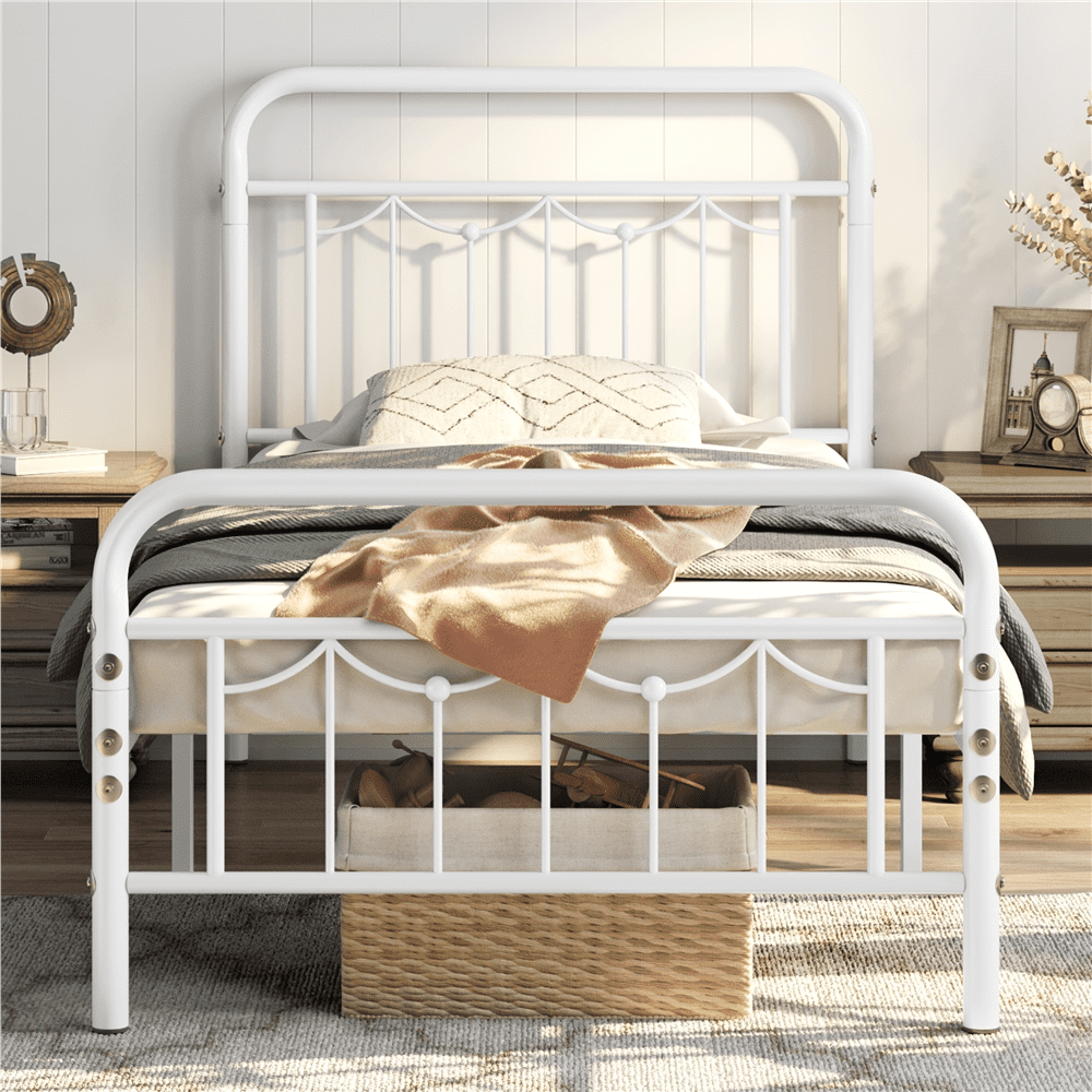 Alden Design Metal Platform Bed Frame with Vintage Headboard and Footboard, Twin, White