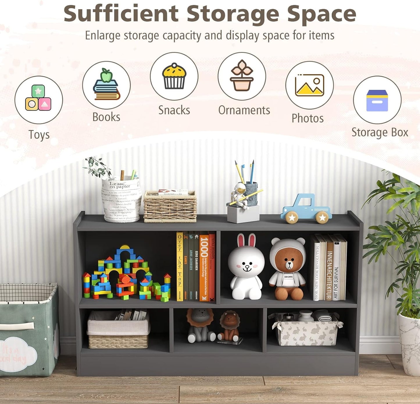HOMEZY Wooden Montessori Shelf for Kids, 5-Section Storage Cabinet, 2-Tier Open Kids Bookshelf, Toy Storage Organizer for Playroom, Classroom, Grey
