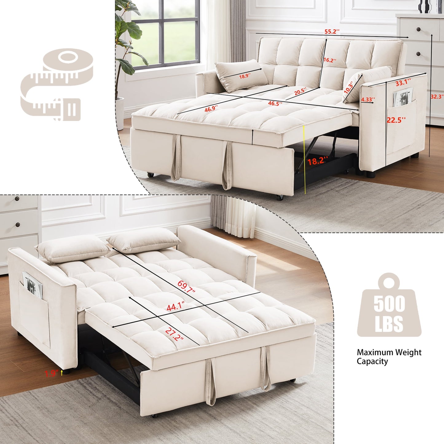 55 Inch Convertible Futon Sofa Bed,Modern Loveseat Sleeper Sofa Couch with Pull-Out Sofa Bed for Living Room,Small Space - Beige