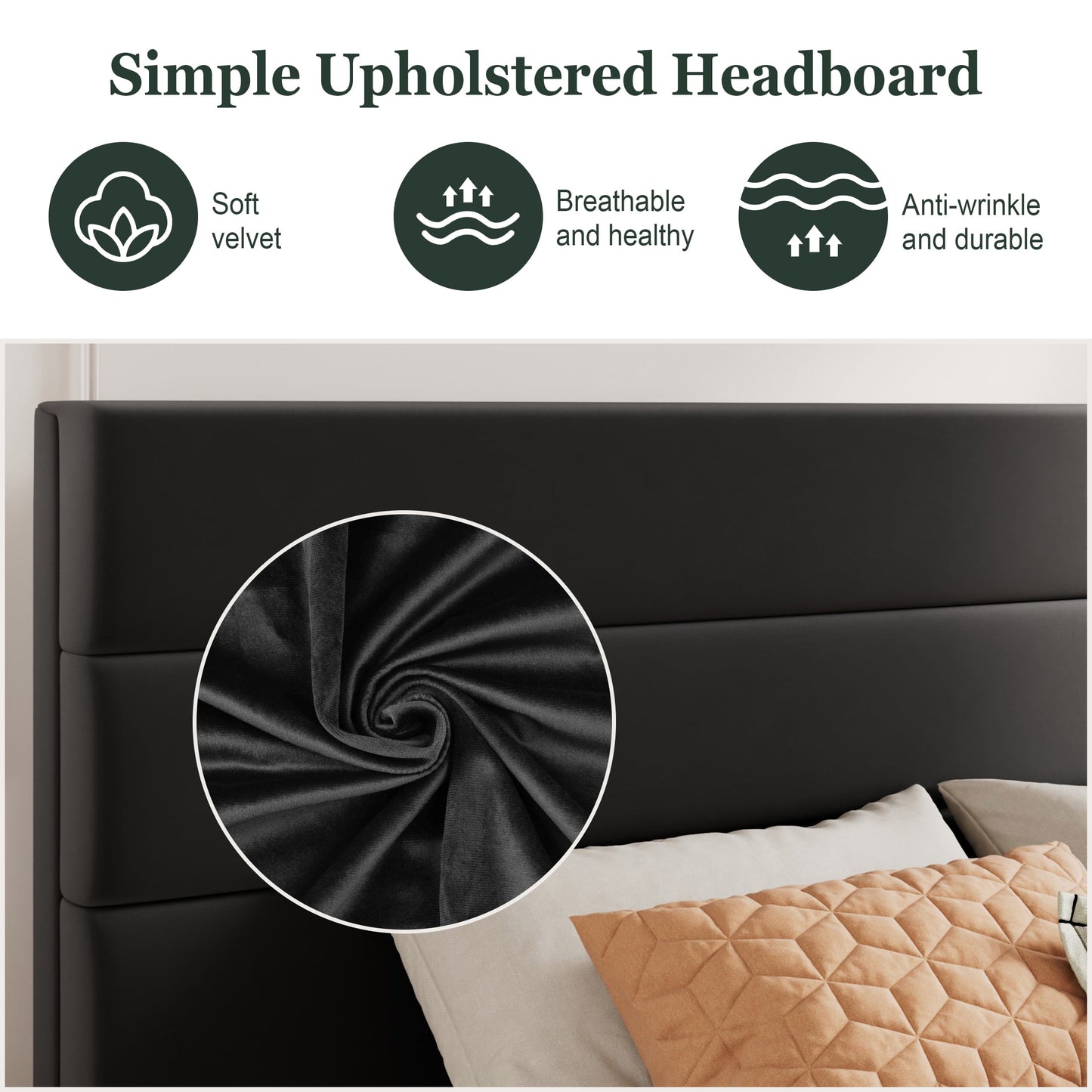 Amolife Platform King Size Bed Frame with Velvet Upholstered Headboard, No Box Spring Needed, Strong Wooden Slats, Black