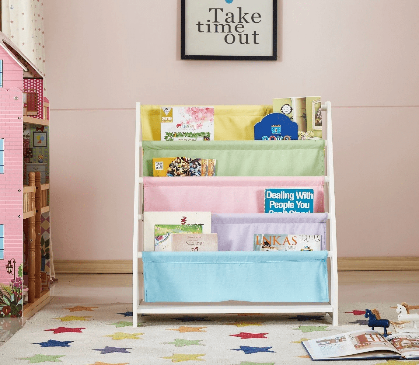 HNGMAO White Charlie Funnel Wooden Kids Canvas Sling Magazine Bookcase - Fun and Functional Kids Furniture for Playful Spaces