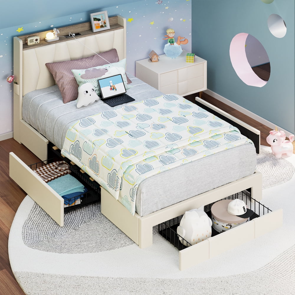 ANCTOR Twin Bed Frame with 3 Drawers, Upholstered Headboard, USB Shelf, No Box Spring, Easy Assembly