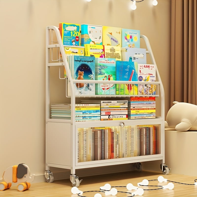 4 Tier Kids Wooden Bookshelf, Five Layer Sling Bookcase, Baby Storage Book Rack, Book and Toy Organizer Cabinet, Book Display, for Playroom, Bedroom, Toddler Room, Nursery,Classroom