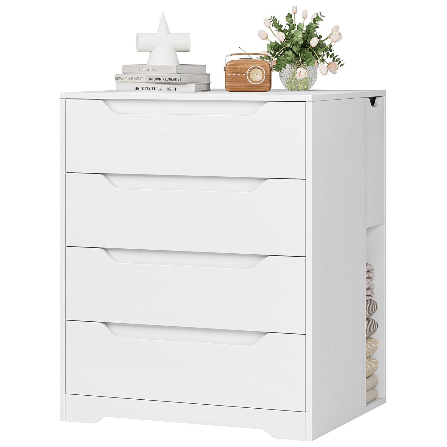 Homfa Dresser of 4 Drawers with Flip Top, Compact Nightstand Dresser Chest with Side Storage for Bedroom Living Room, White