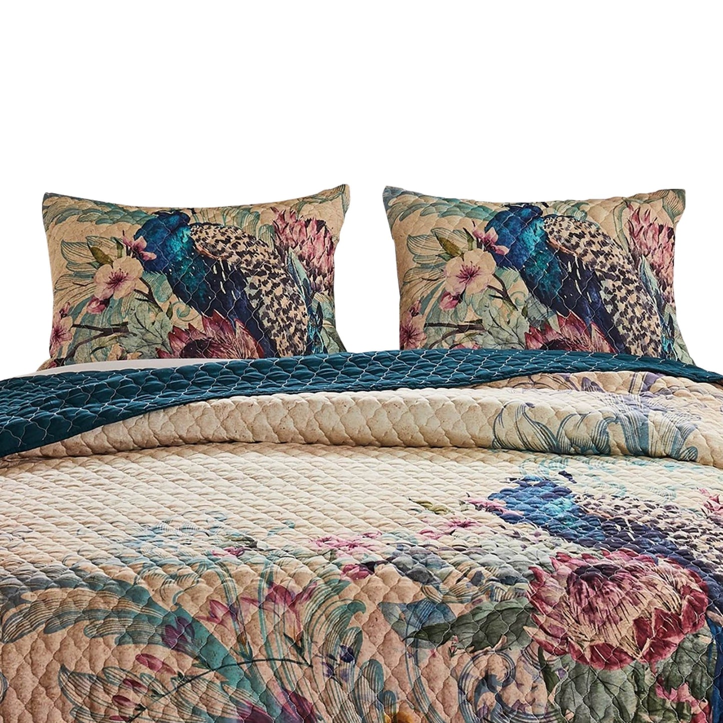 3 Piece Queen Size Quilt Set with Floral Print and Crochet Trim, Multicolor